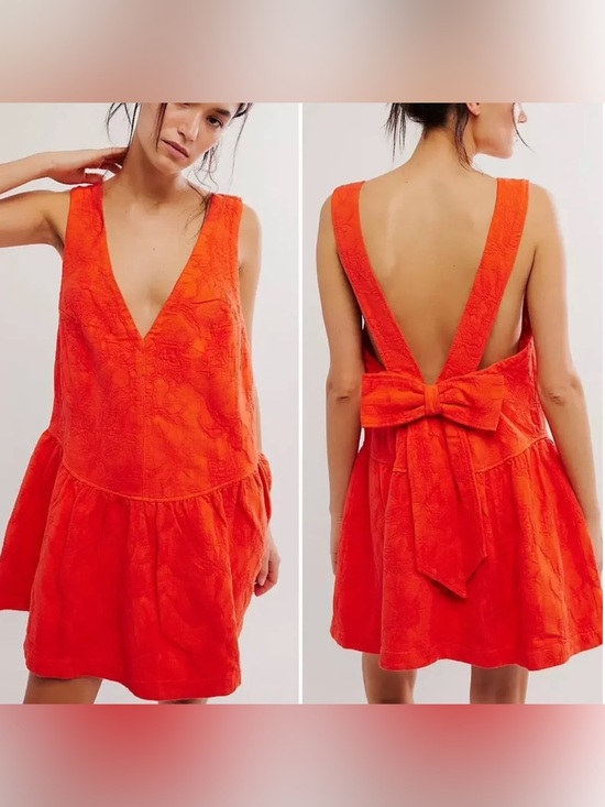 Free People Dresses & Skirts - Free People About Town Mini Dress in Scarlet Orange w/Embroidery Bow Size Medium